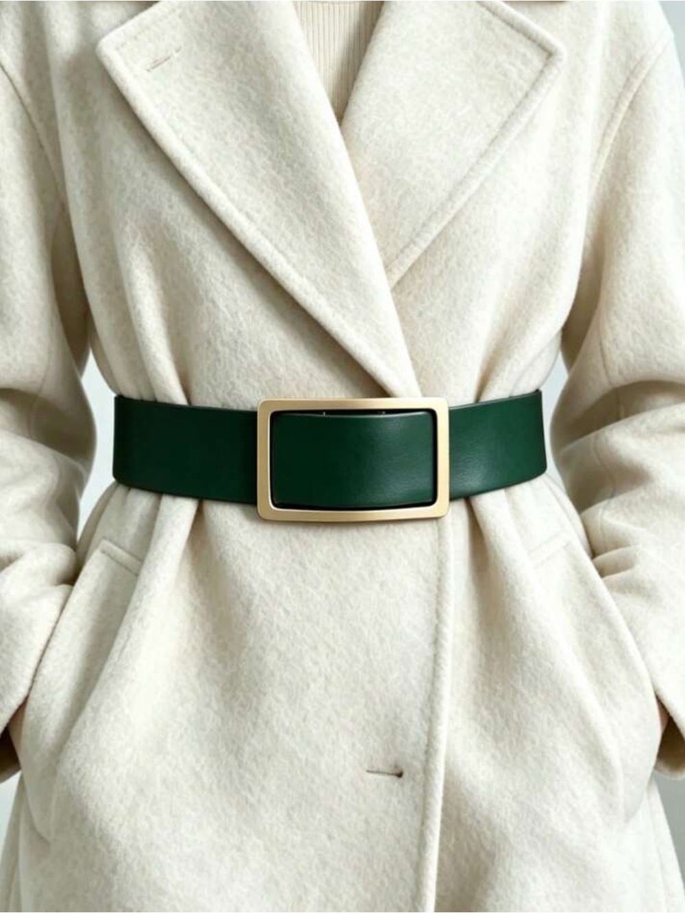 Wide Green Leather Belt with Gold-Tone Rectangular Buckle